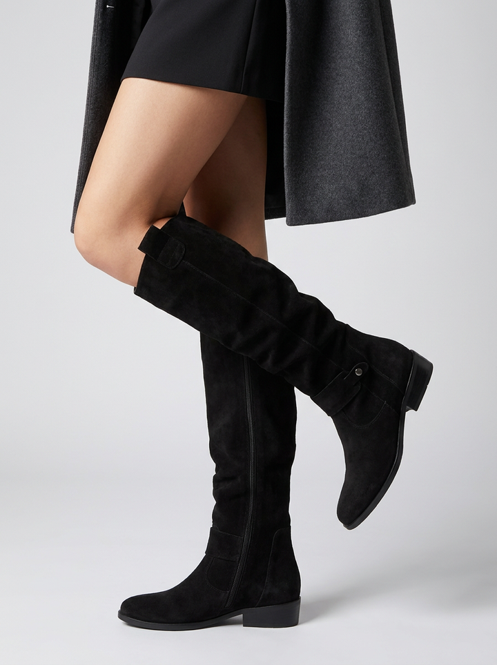 Women's knee-high boots with ruched shafts, side zips and low block heels