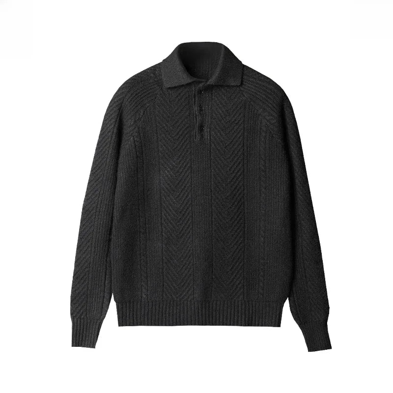 Men's textured polo sweater with long sleeves and button placket