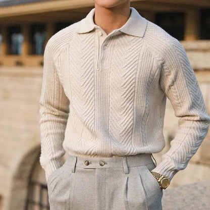 Men's textured polo sweater with long sleeves and button placket