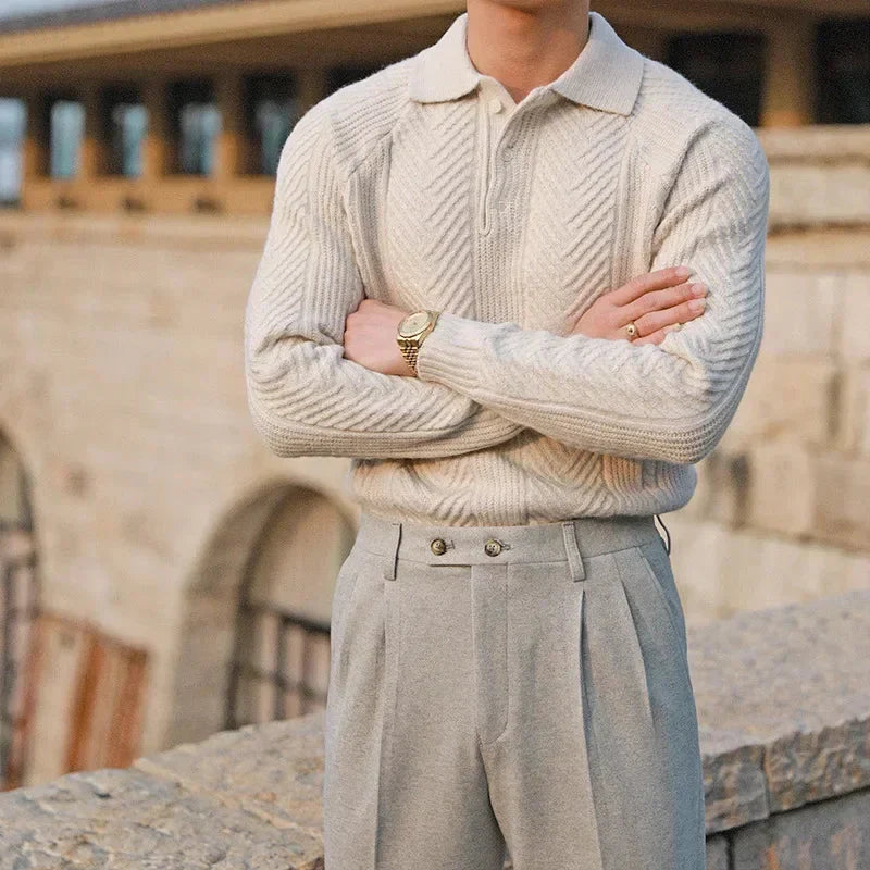 Men's textured polo sweater with long sleeves and button placket