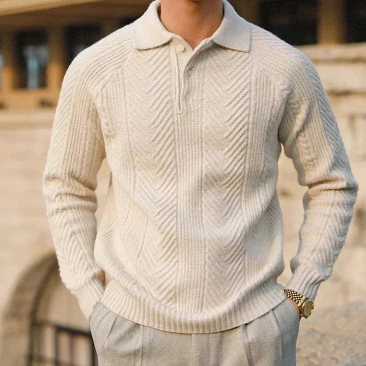 Men's textured polo sweater with long sleeves and button placket