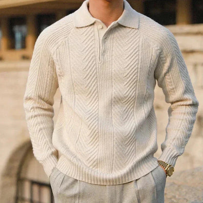 Men's textured polo sweater with long sleeves and button placket