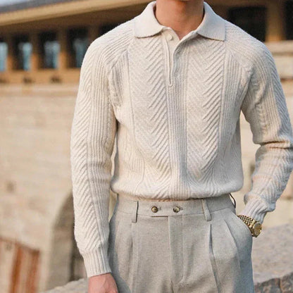 Men's textured polo sweater with long sleeves and button placket