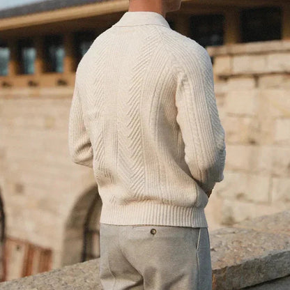 Men's textured polo sweater with long sleeves and button placket