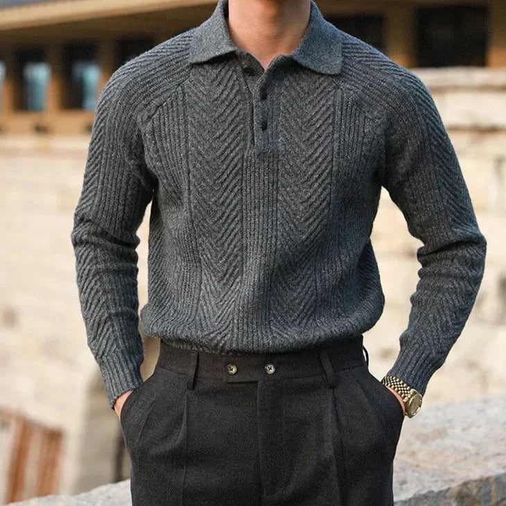 Men's textured polo sweater with long sleeves and button placket