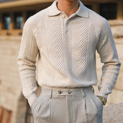 Men's textured polo sweater with long sleeves and button placket