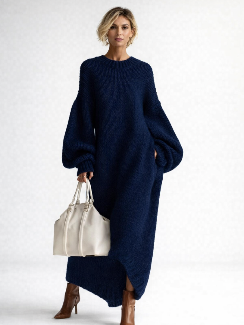 Women's oversized knit maxi sweater dress with crew neck and long sleeves