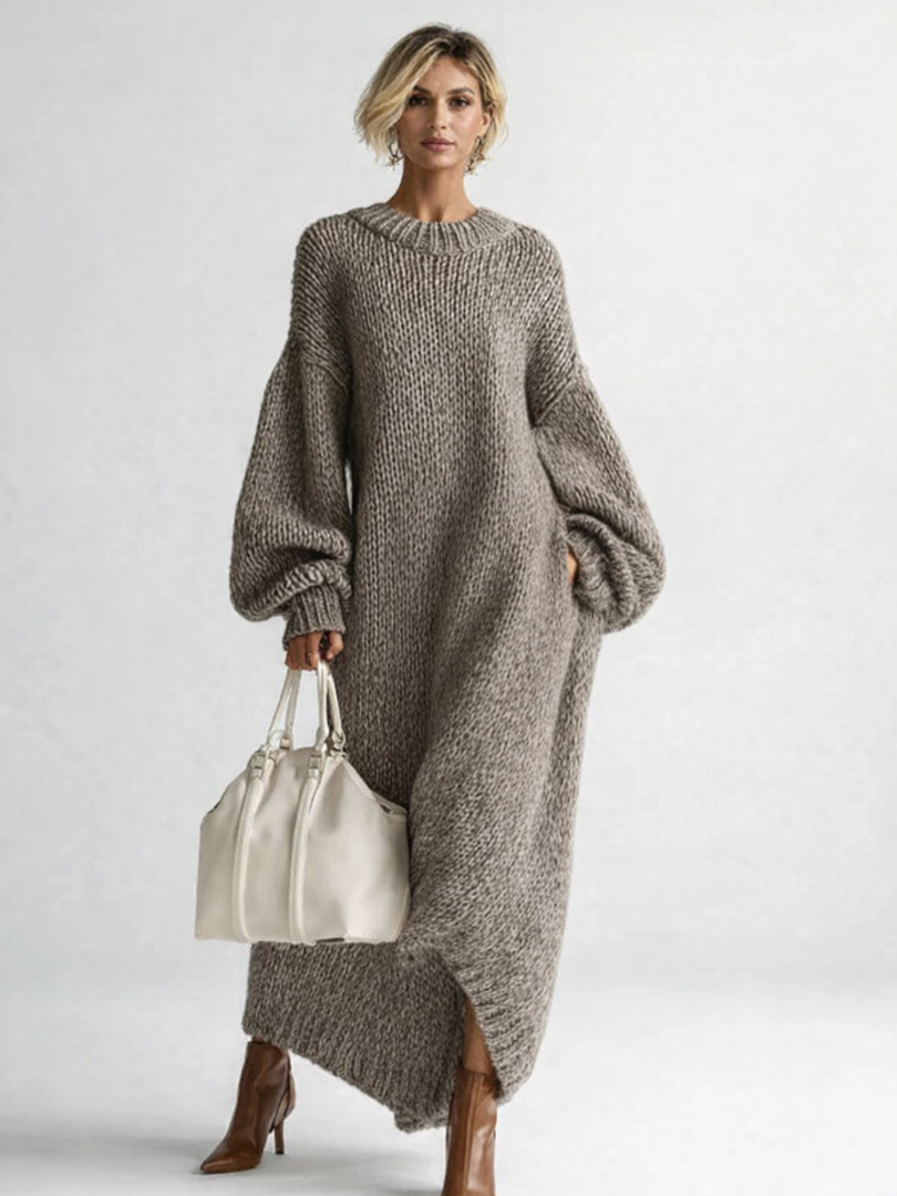 Women's oversized knit maxi sweater dress with crew neck and long sleeves