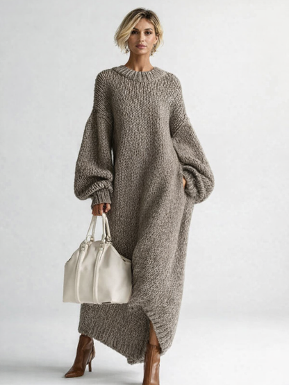 Women's oversized knit maxi sweater dress with crew neck and long sleeves