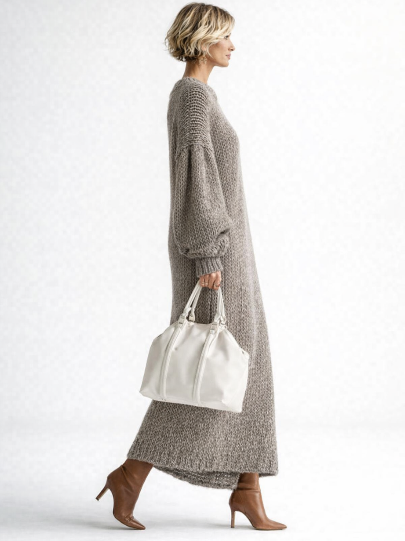 Women's oversized knit maxi sweater dress with crew neck and long sleeves