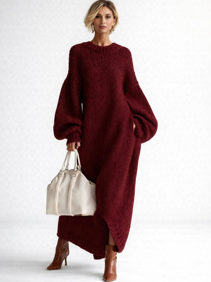 Women's oversized knit maxi sweater dress with crew neck and long sleeves