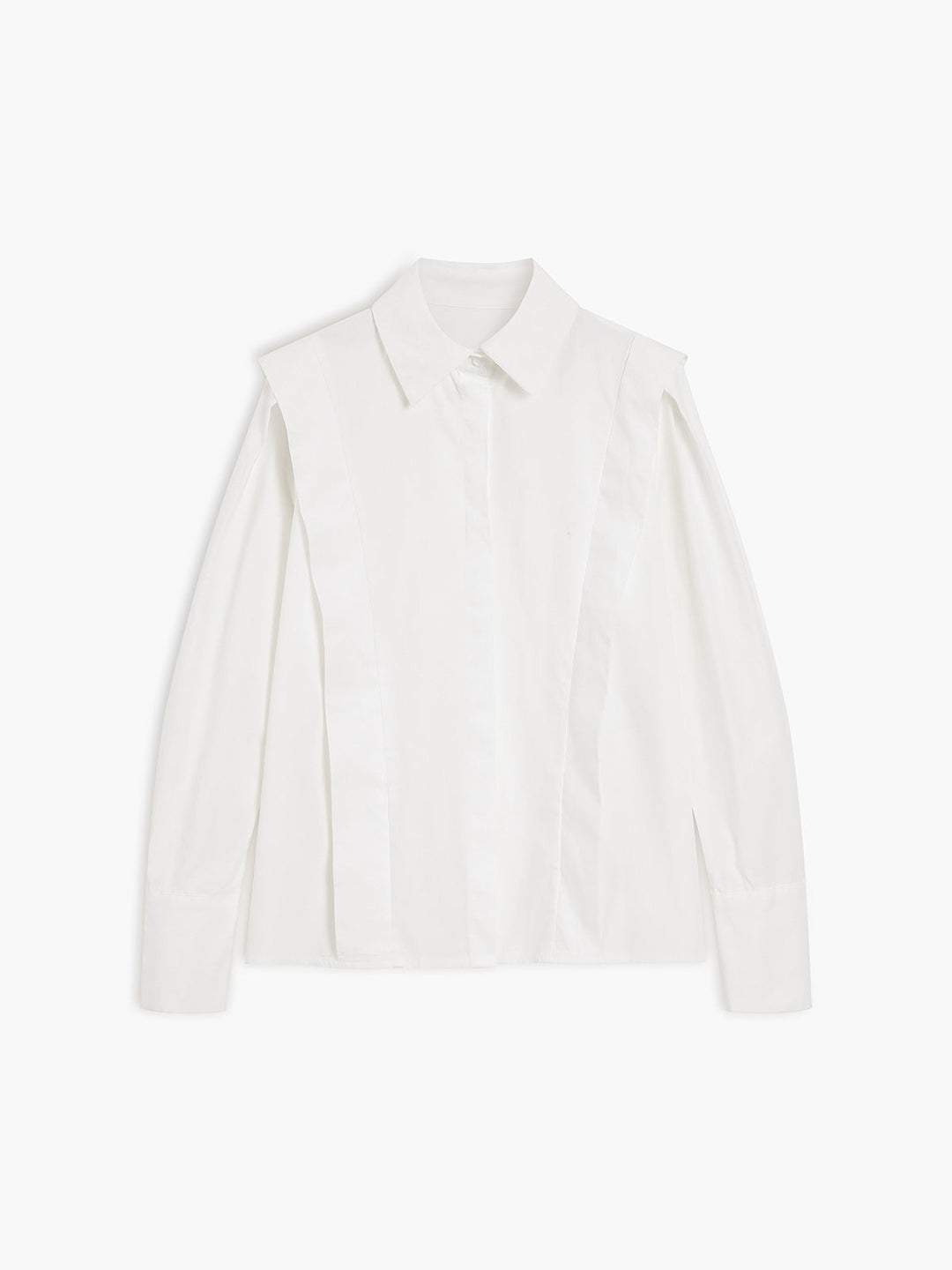 Women's white button-up shirt with wide cuffs and pointed collar, long sleeves