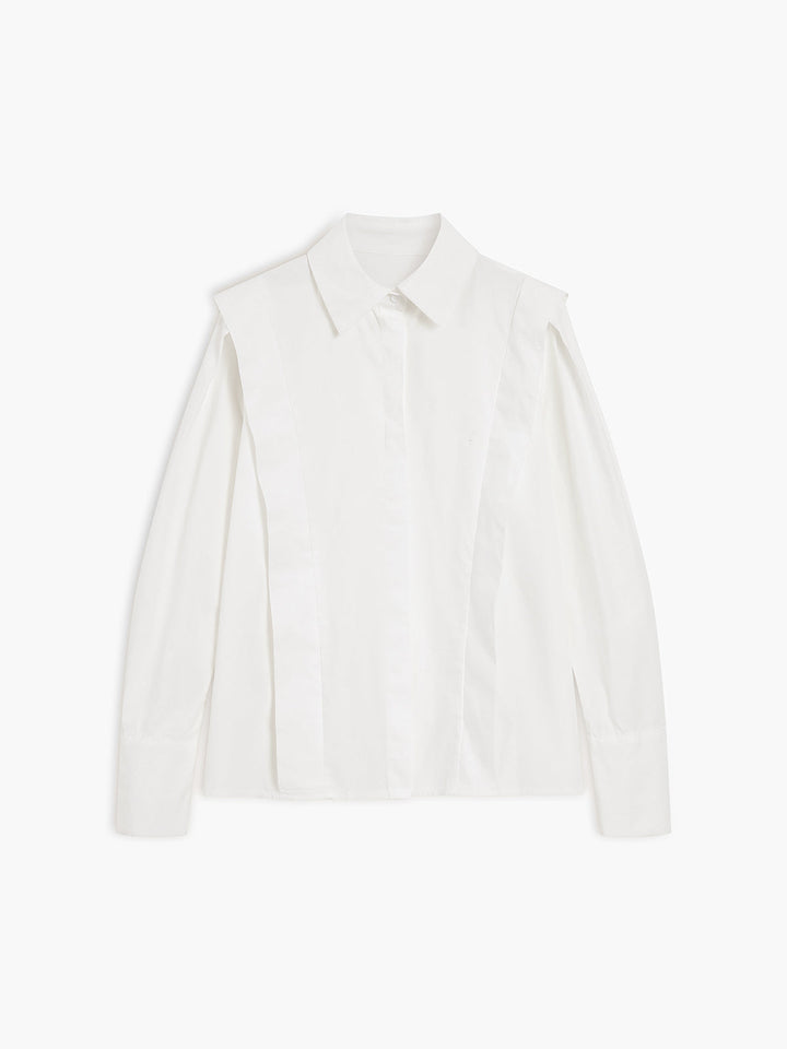 Women's white button-up shirt with wide cuffs and pointed collar, long sleeves