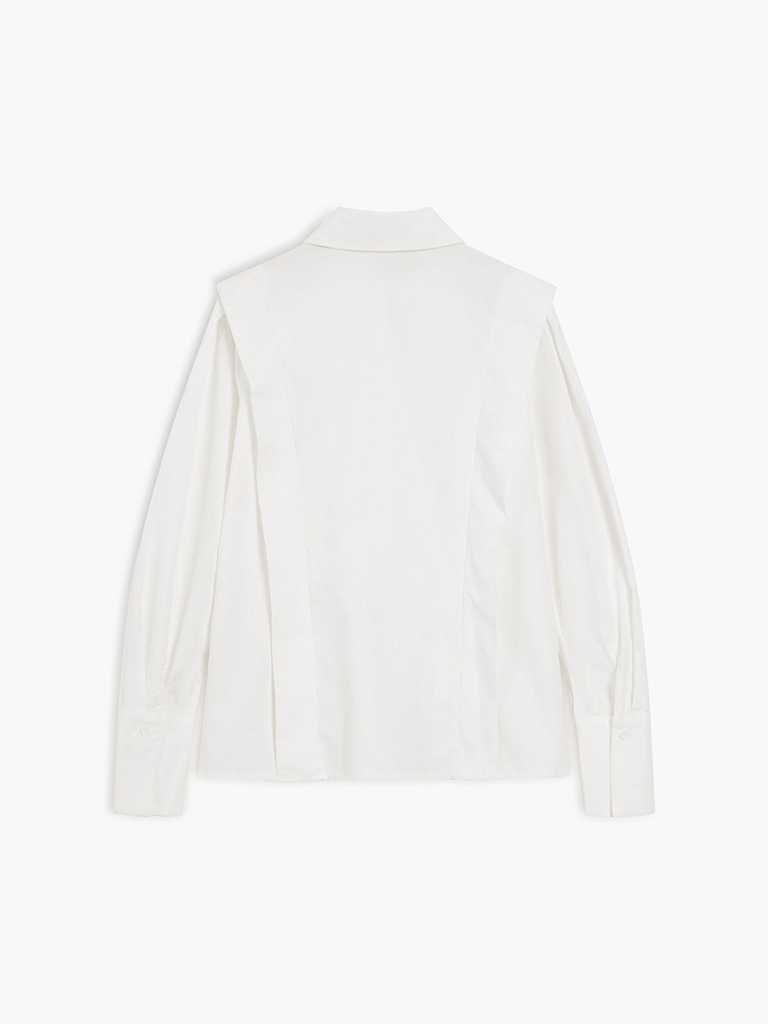 Women's white button-up shirt with wide cuffs and pointed collar, long sleeves