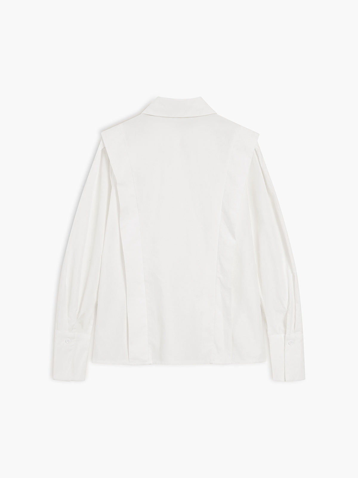 Women's white button-up shirt with wide cuffs and pointed collar, long sleeves