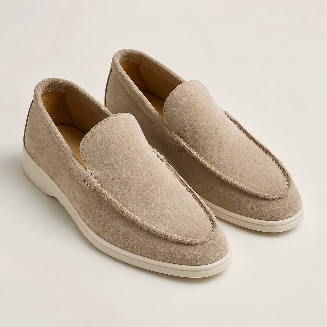 Men's slip-on loafers with rounded toes, stitched trim and flat soles