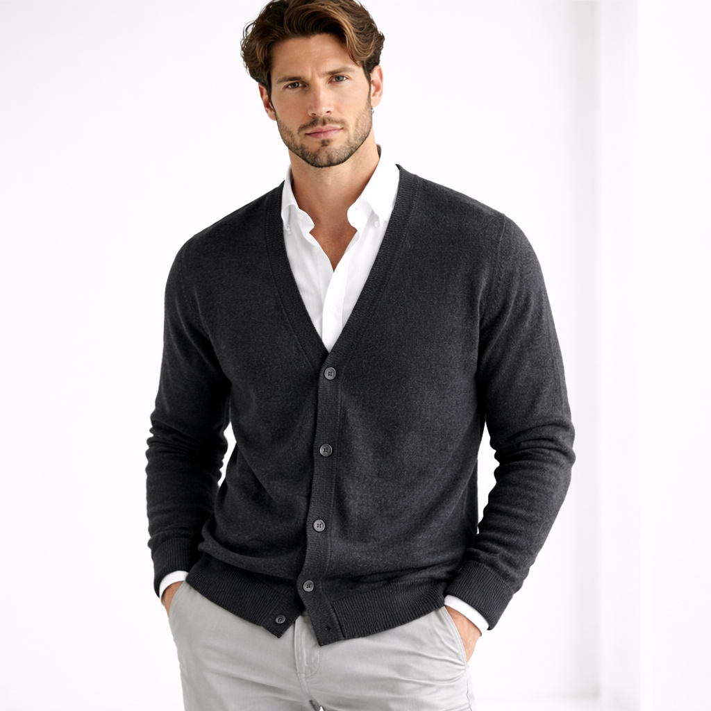 Men's V-neck knit cardigan with button front and long sleeves