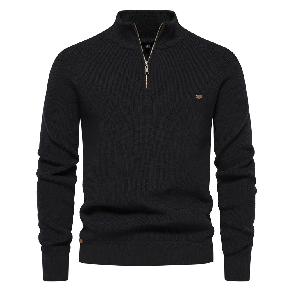 Men's ribbed quarter-zip sweater with stand collar and long sleeves
