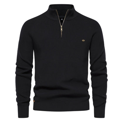 Men's ribbed quarter-zip sweater with stand collar and long sleeves