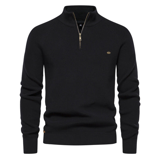 Men's ribbed quarter-zip sweater with stand collar and long sleeves