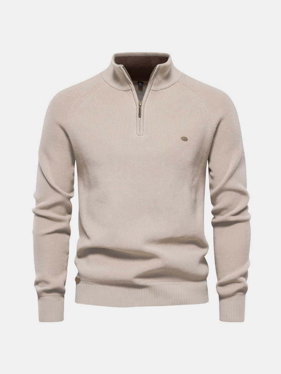 Men's ribbed quarter-zip sweater with stand collar and long sleeves
