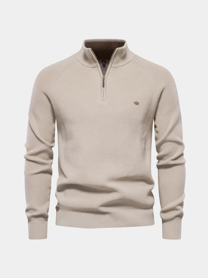 Men's ribbed quarter-zip sweater with stand collar and long sleeves