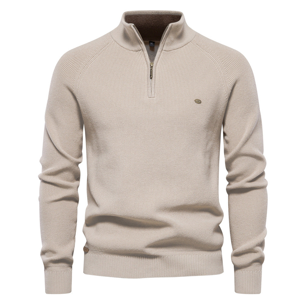 Men's ribbed quarter-zip sweater with stand collar and long sleeves