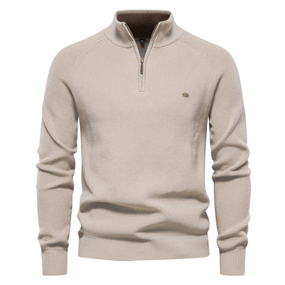 Men's ribbed quarter-zip sweater with stand collar and long sleeves