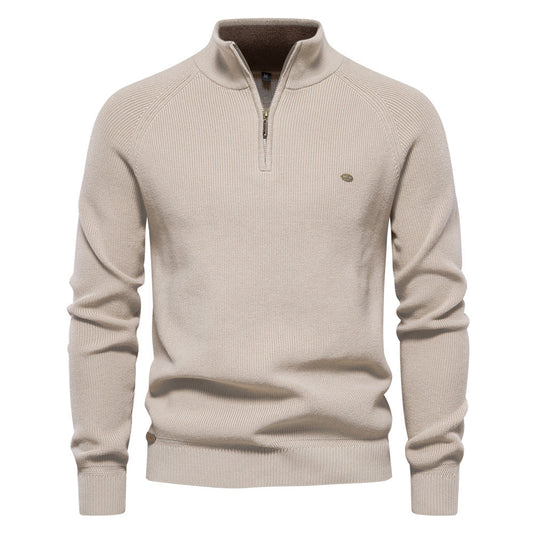 Men's ribbed quarter-zip sweater with stand collar and long sleeves