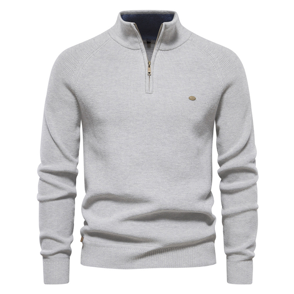 Men's ribbed quarter-zip sweater with stand collar and long sleeves