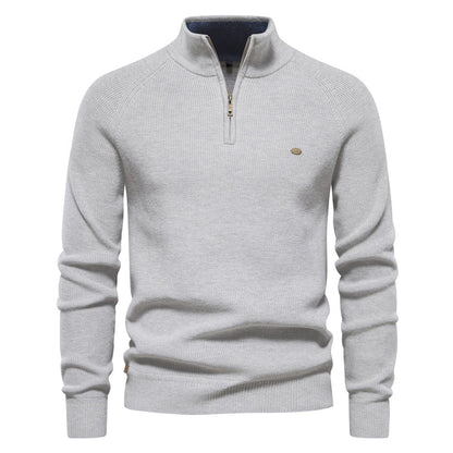 Men's ribbed quarter-zip sweater with stand collar and long sleeves