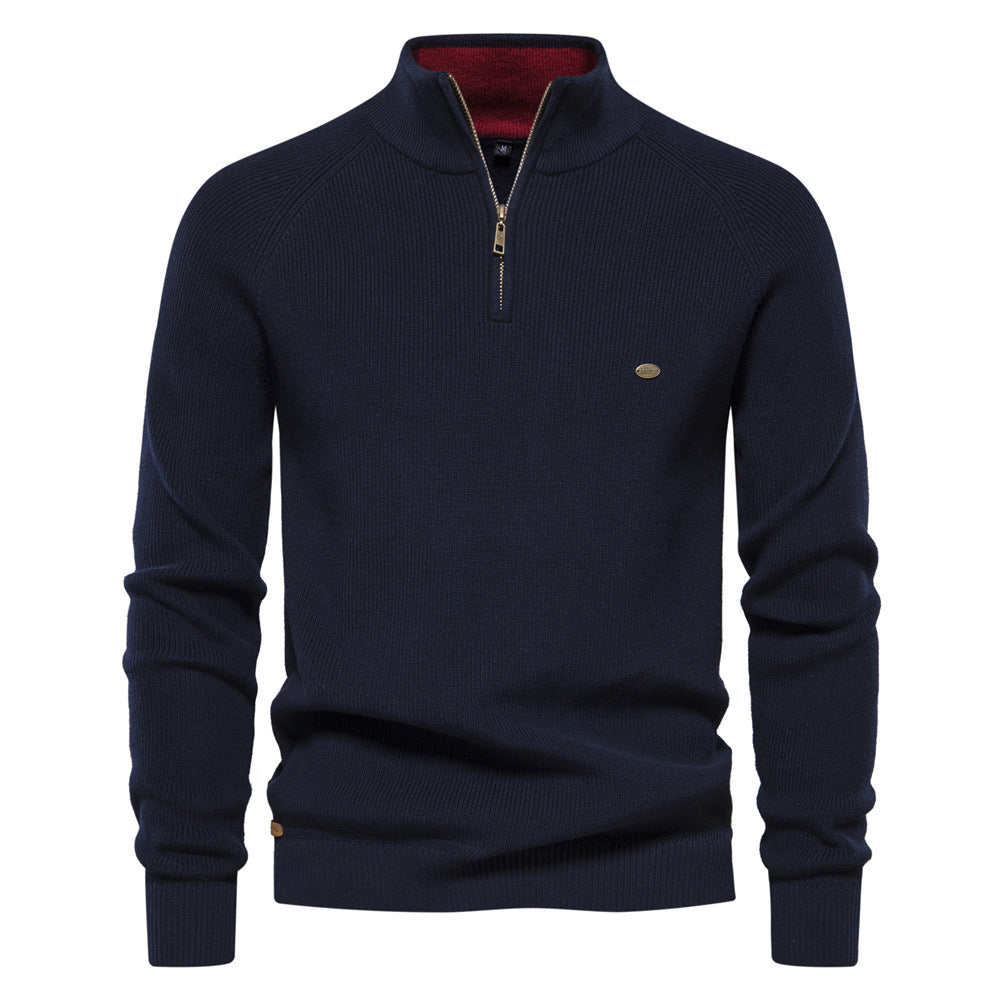 Men's ribbed quarter-zip sweater with stand collar and long sleeves
