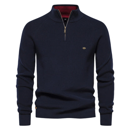 Men's ribbed quarter-zip sweater with stand collar and long sleeves