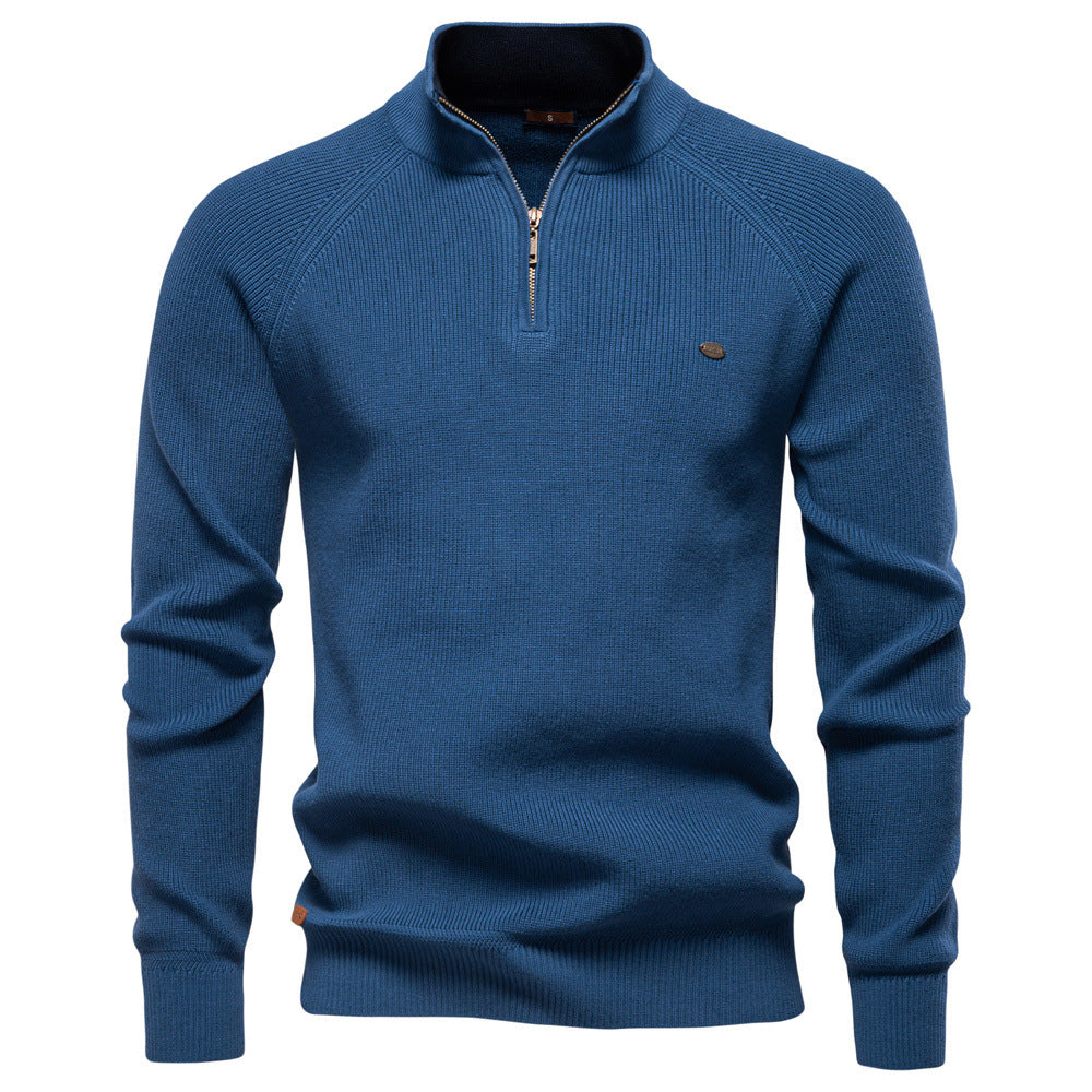 Men's ribbed quarter-zip sweater with stand collar and long sleeves