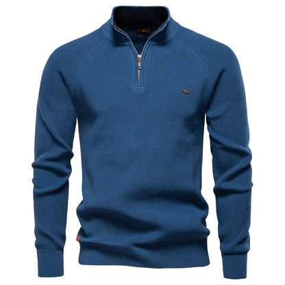 Men's ribbed quarter-zip sweater with stand collar and long sleeves