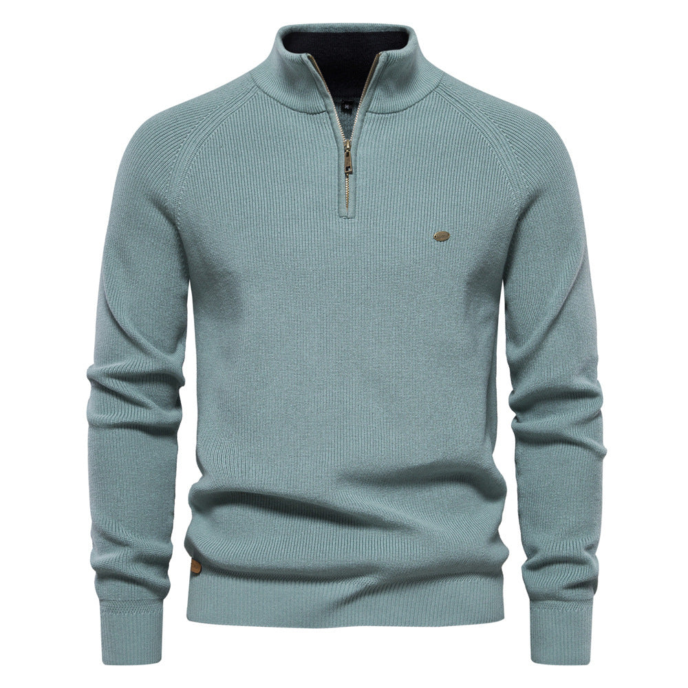 Men's ribbed quarter-zip sweater with stand collar and long sleeves