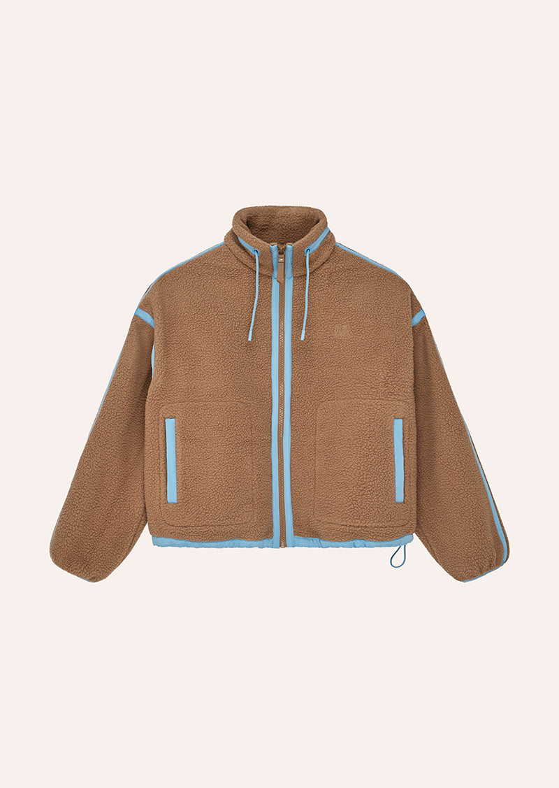 Women's brown sherpa jacket with blue contrast trim and hood
