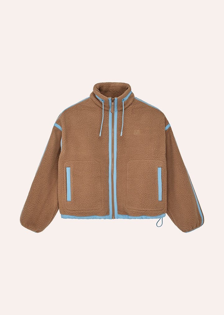 Women's brown sherpa jacket with blue contrast trim and hood