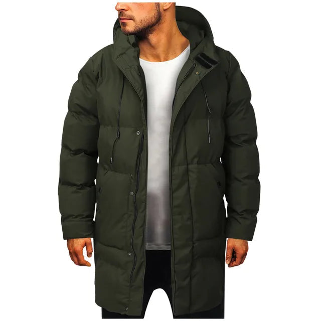 Men's long hooded puffer coat with front pockets