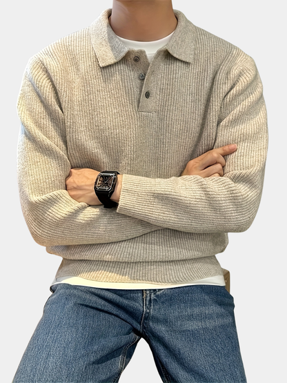 Men's ribbed knit polo sweater with point collar and long sleeves