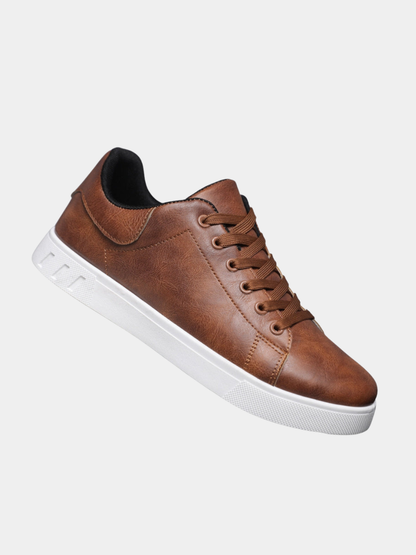 Men's low-top lace-up sneaker with stitched panels and a flat white sole