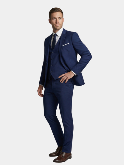 Men's three-piece suit set with notched-lapel jacket, waistcoat and trousers