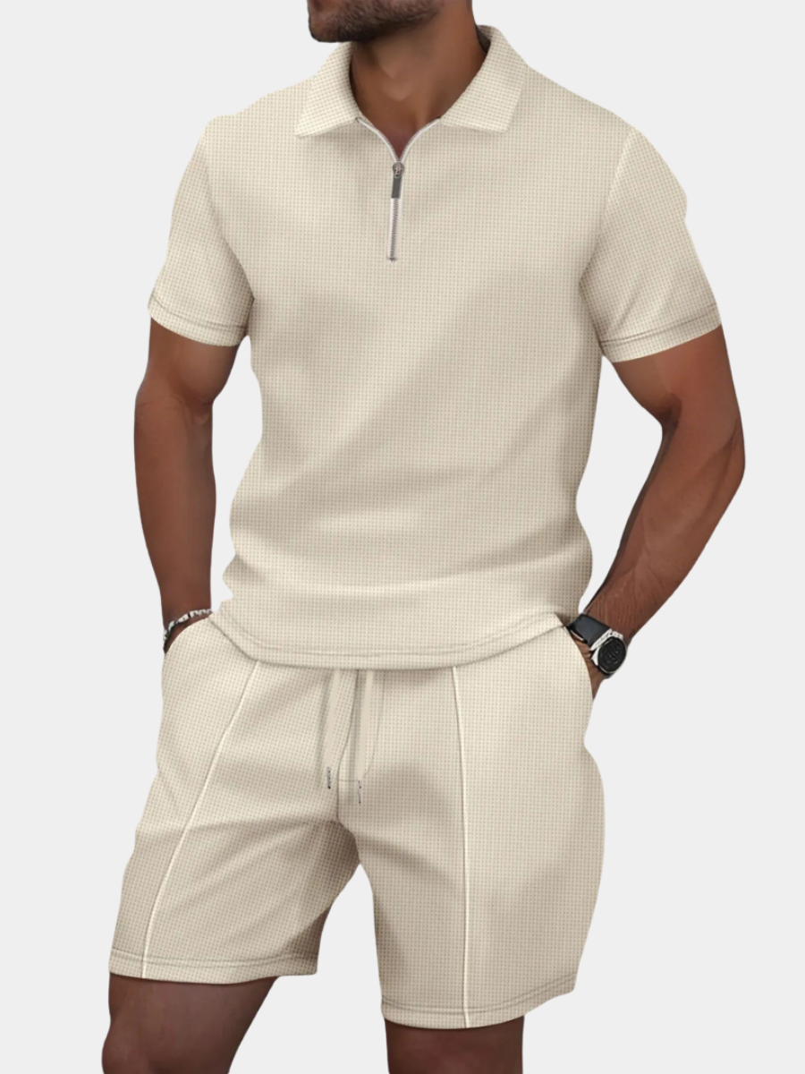 Men's Waffle Knit Polo and Shorts Set, Quarter Zip, Drawstring