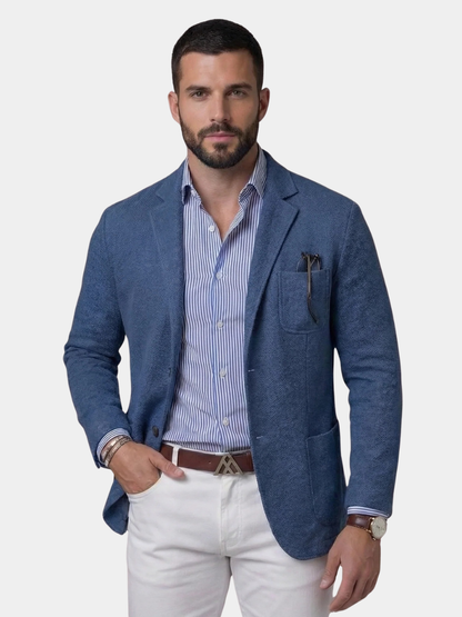 Men's textured blazer jacket with notched lapels, long sleeves and front pockets