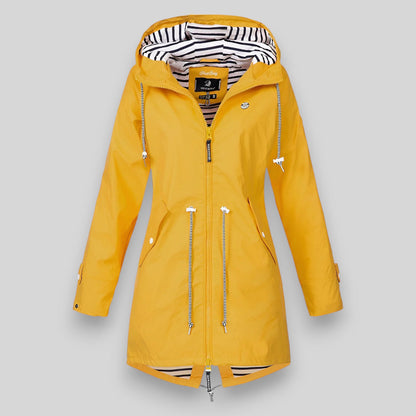 Women's hooded rain jacket with long sleeves, zip front and striped lining