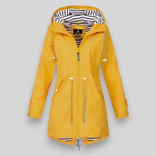 Women's hooded rain jacket with long sleeves, zip front and striped lining