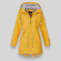 Women's hooded rain jacket with long sleeves, zip front and striped lining