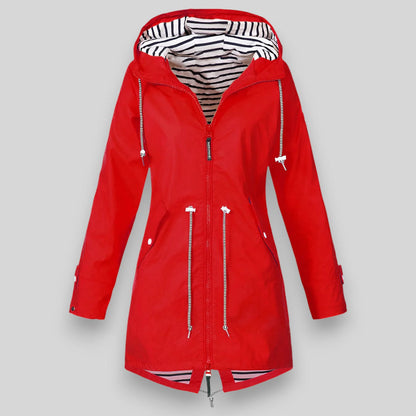 Women's hooded rain jacket with long sleeves, zip front and striped lining