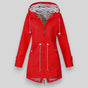Women's hooded rain jacket with long sleeves, zip front and striped lining