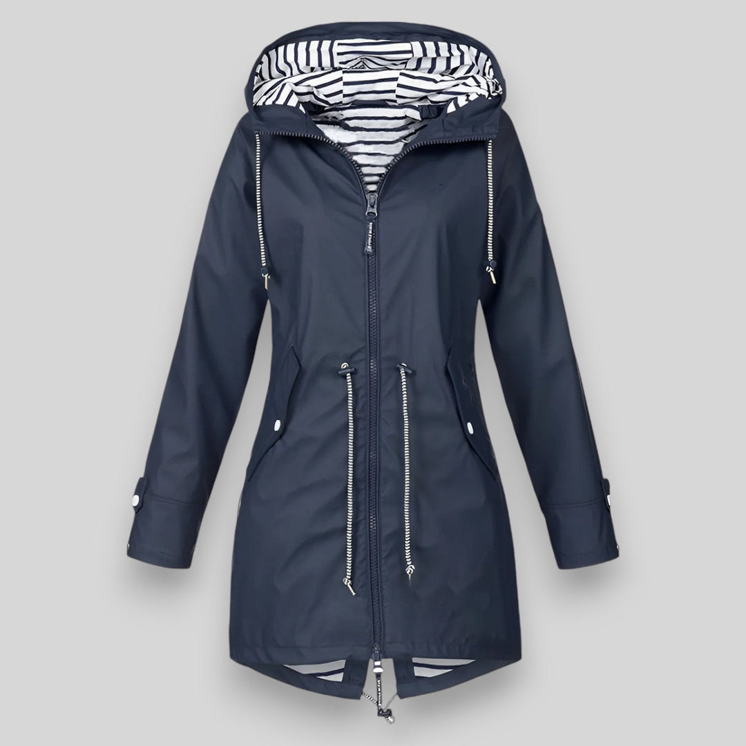 Women's hooded rain jacket with long sleeves, zip front and striped lining